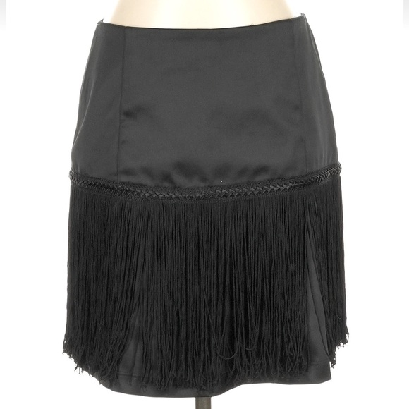 Vintage Y2K Cache Size 4 Black Fringe Mini Skirt Western Boho Cowgirl Party 20’s - Picture 1 of 5